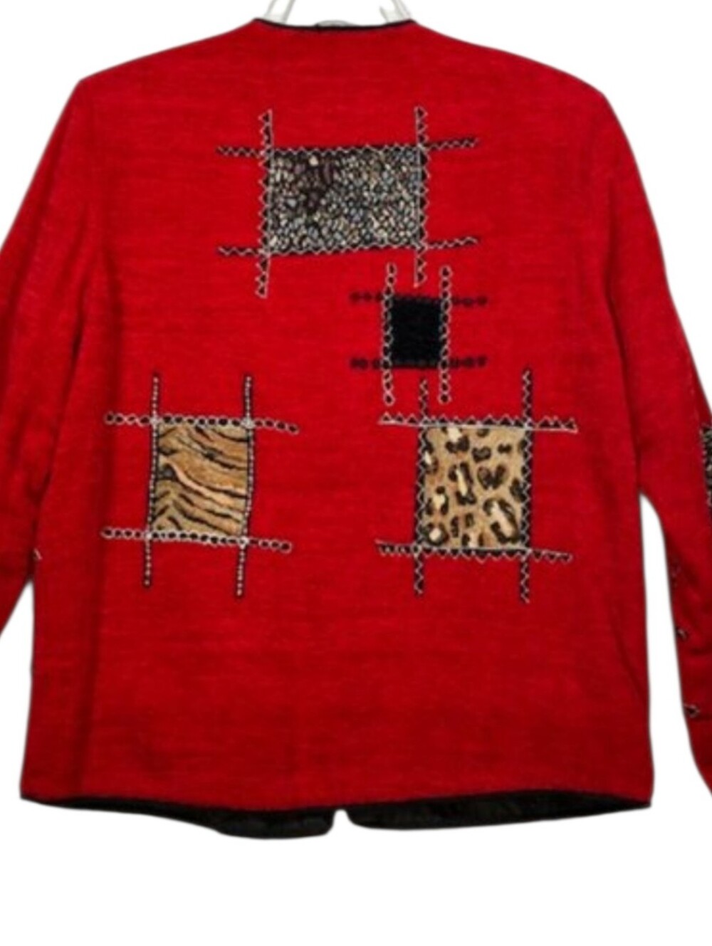 ALEX KIM ALLURE Vintage Red Art To Wear Animal Patchwork Button Loop Jacket LG - Picture 8 of 13